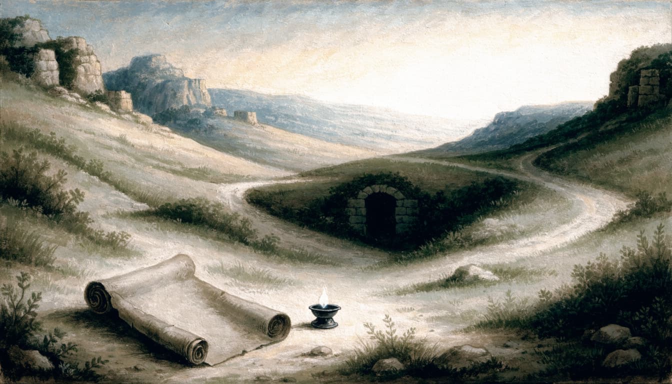A hand-painted landscape shows an open scroll and a lit oil lamp on a path diverging in hills.