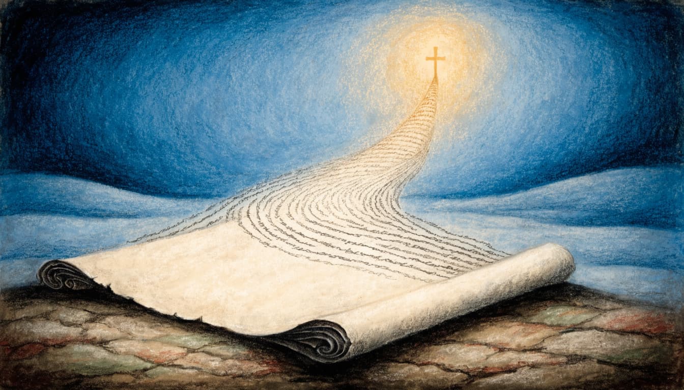 An open scroll on a stone surface leads up to a glowing cross silhouette against a blue background.