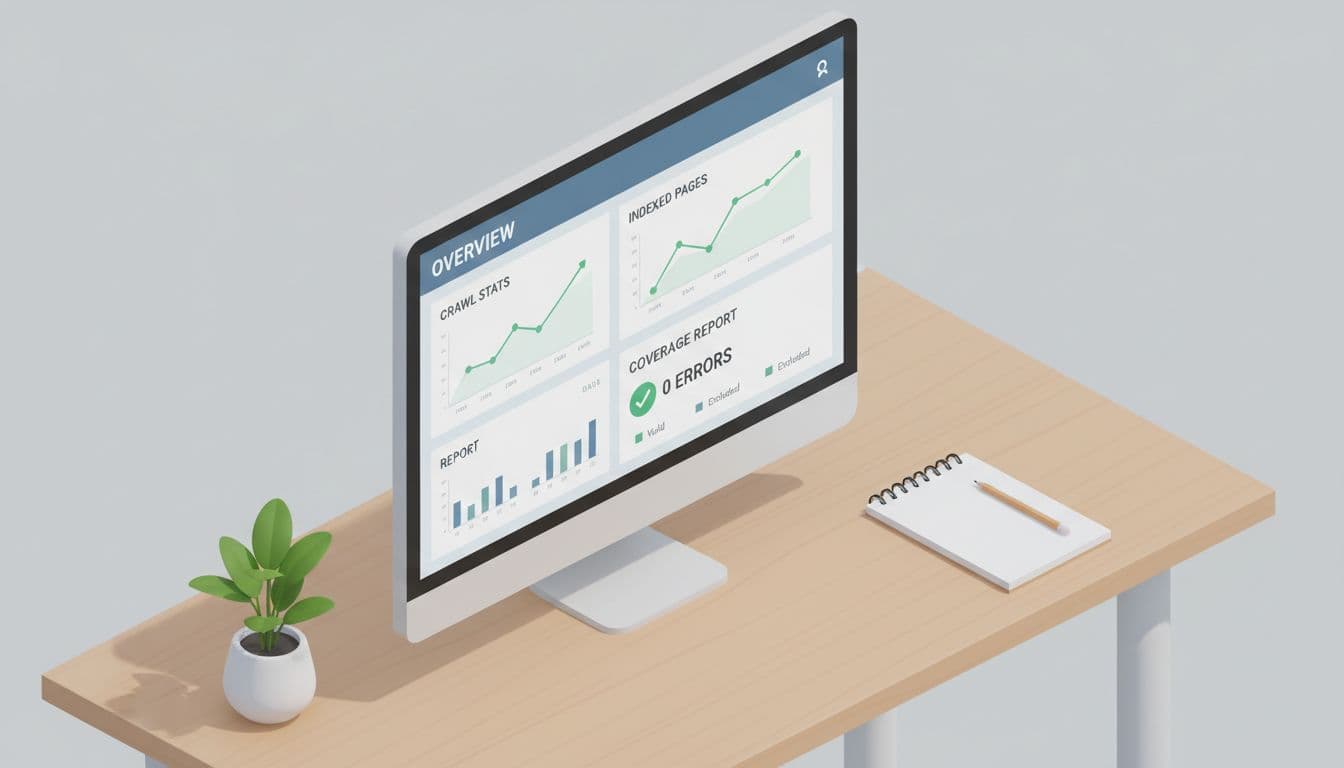 Isometric view of a clean office desk setup featuring a desktop computer displaying the Search Console interface with crawl stats, indexed pages graph, and error-free coverage report, accompanied by a notepad and plant under soft lighting.
