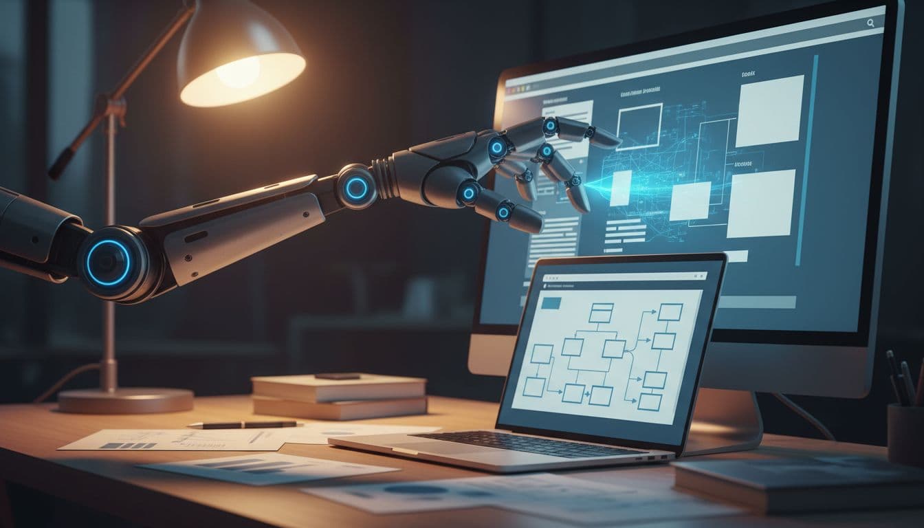A close-up cinematic view of a search engine bot scanning a webpage on a computer screen in a modern office desk setup, featuring a robotic crawler icon hovering over the display amid scattered documents and soft lighting.