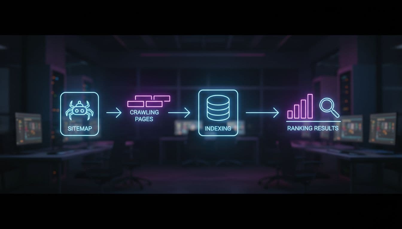 A cinematic flowchart diagram in a dark tech office showing the search engine process from sitemap crawling to ranking results with glowing screens and dramatic lighting.