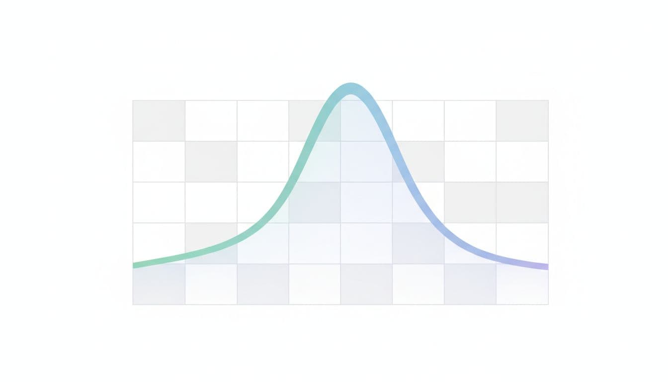 Line graph on a calendar background showing search volume for seasonal keywords like holiday gifts rising in winter months, peaking smoothly in December, and falling in summer. Clean illustration in pastel colors on white background with no axis labels, text, or numbers.