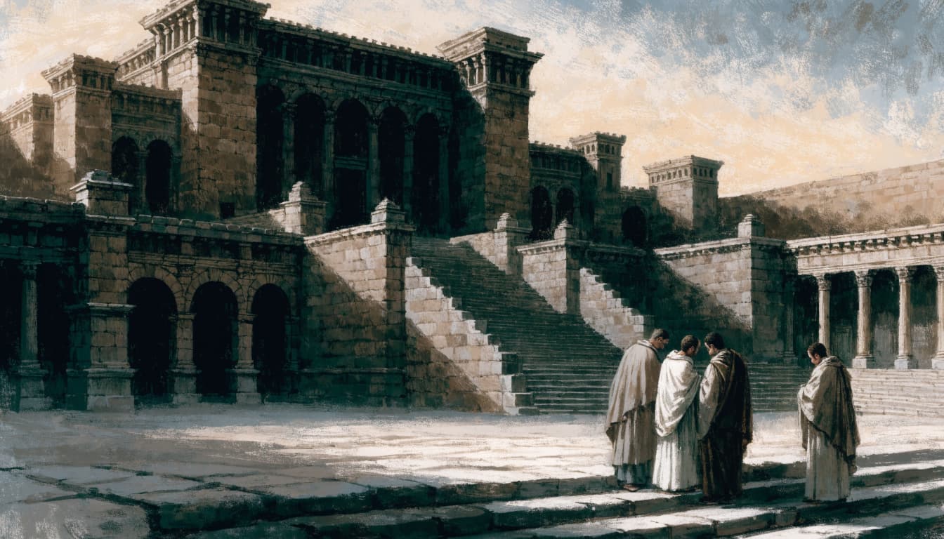 An illustrated view of four figures in robes standing near the broad stone steps of an ancient temple.