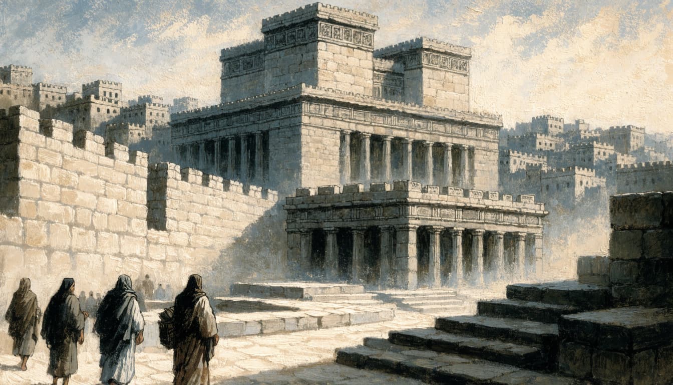 An illustration of the Second Temple with disciples viewed from behind in the foreground.