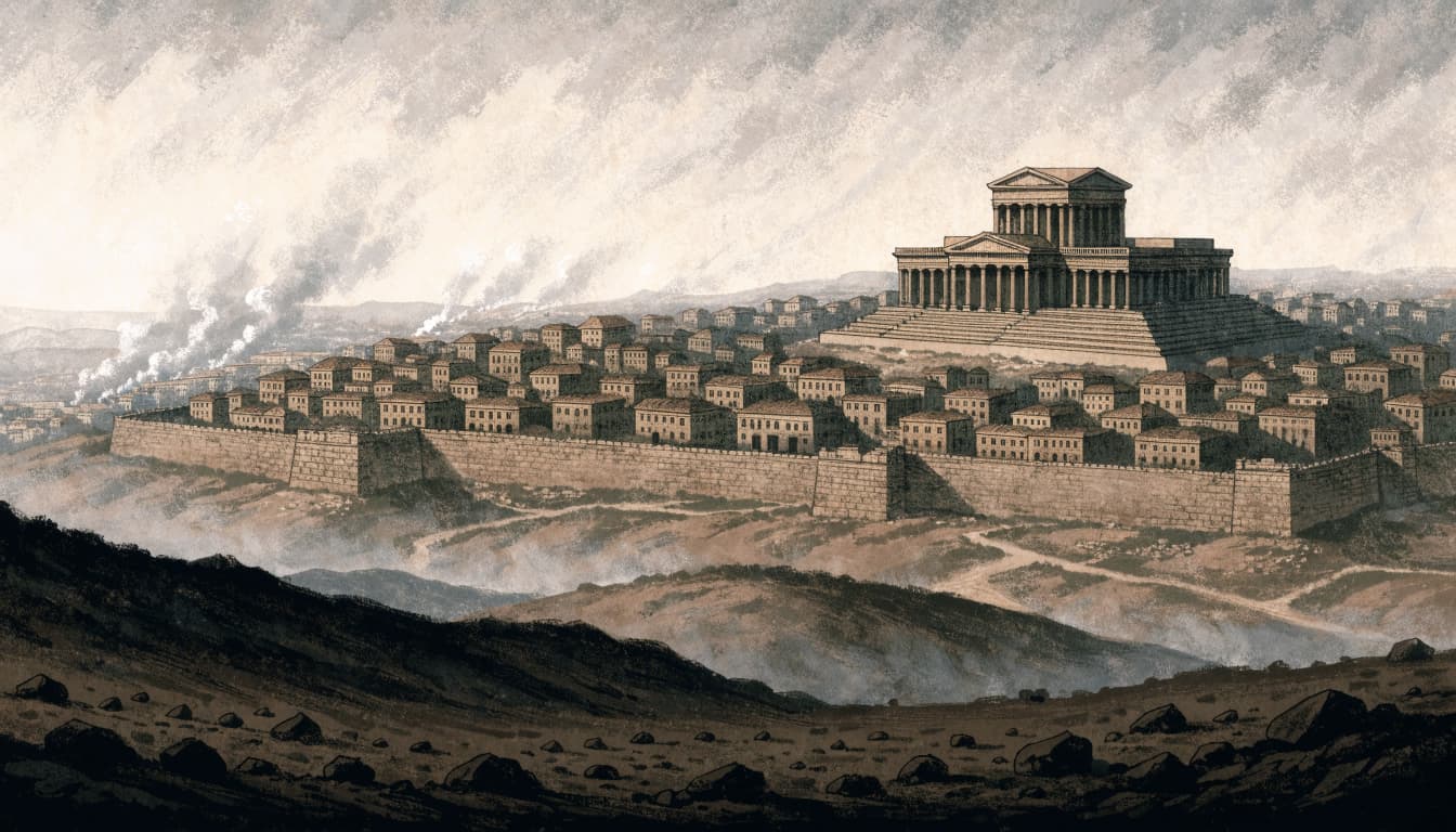 An illustration of an ancient walled city with a large temple complex and smoke rising in the distance.