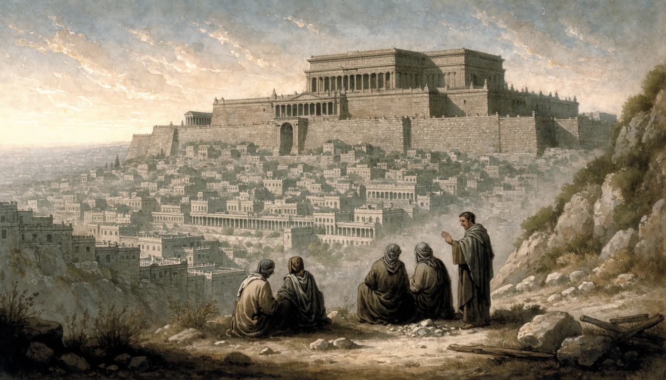 An illustrated landscape scene of the ancient Second Temple in Jerusalem with five figures in the foreground.