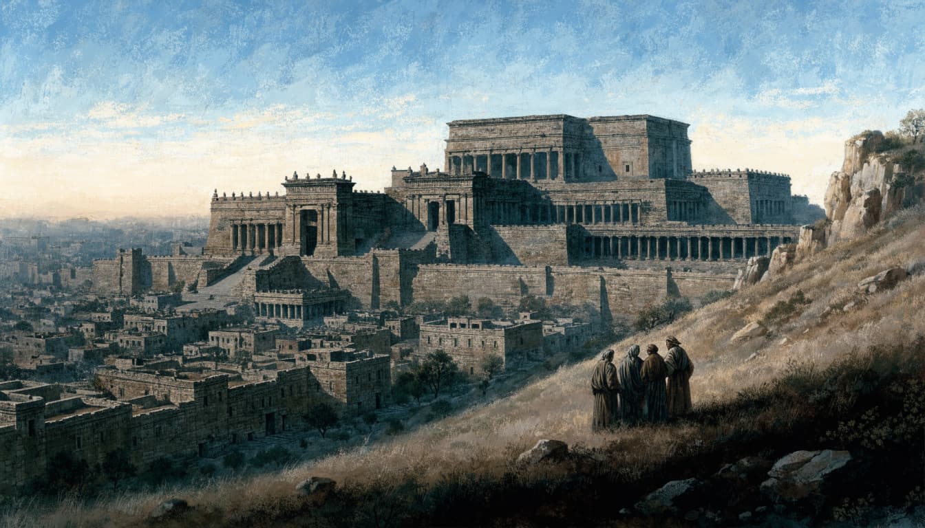 Four robed figures look across a valley at the ancient Temple complex in Jerusalem.