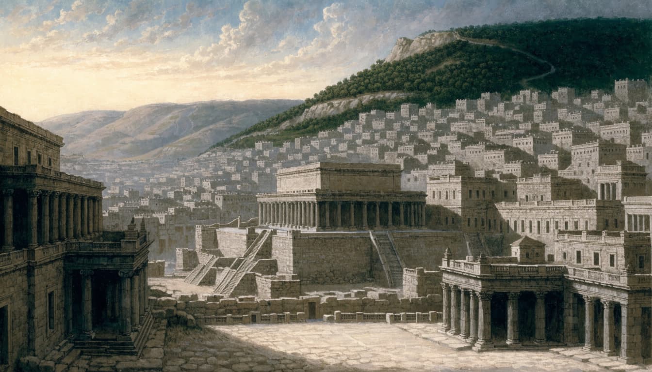 A historical illustration of the Second Temple in Jerusalem with the Mount of Olives in the background.