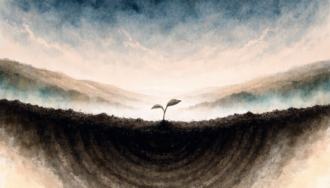 A small seedling emerges from dark soil against a backdrop of rolling hills and a soft dawn sky.