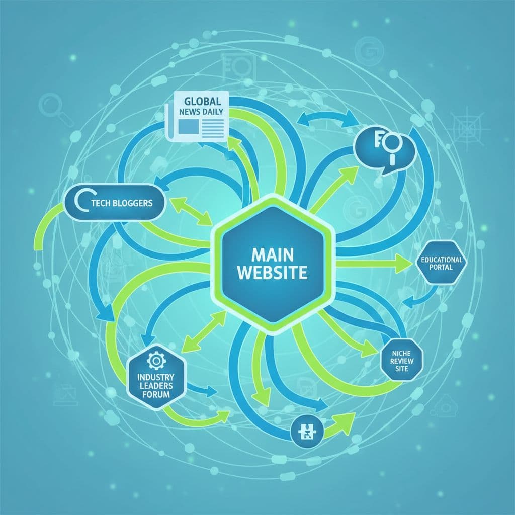 Illustration of a central website receiving multiple backlinks from reputable sources like blogs, news outlets, and industry sites, in a clean blue and green color palette. Image created with AI.