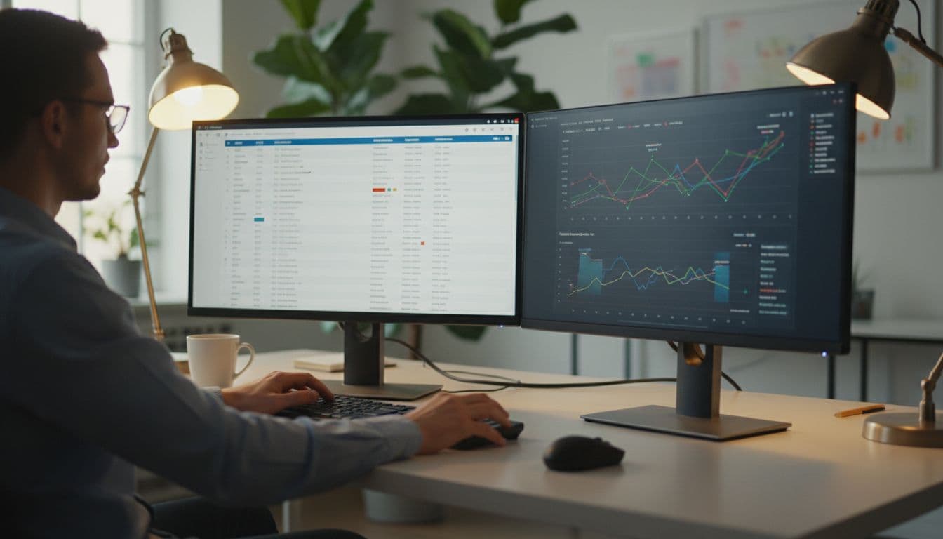 A professional person at a desk analyzes SEO keywords on dual monitors, one displaying a keyword list with difficulty metrics and the other a competitor analysis graph, in a relaxed office environment with plants and warm lighting.