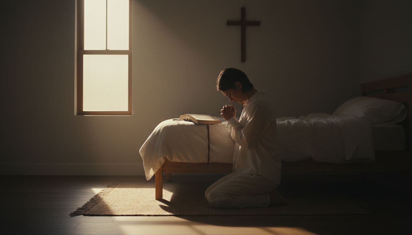A solitary person kneeling beside a bed in a simple bedroom at dawn, hands gently folded in prayer over an open Bible on the bed. Soft golden morning light filters through a window, casting long shadows and emphasizing peace and devotion.