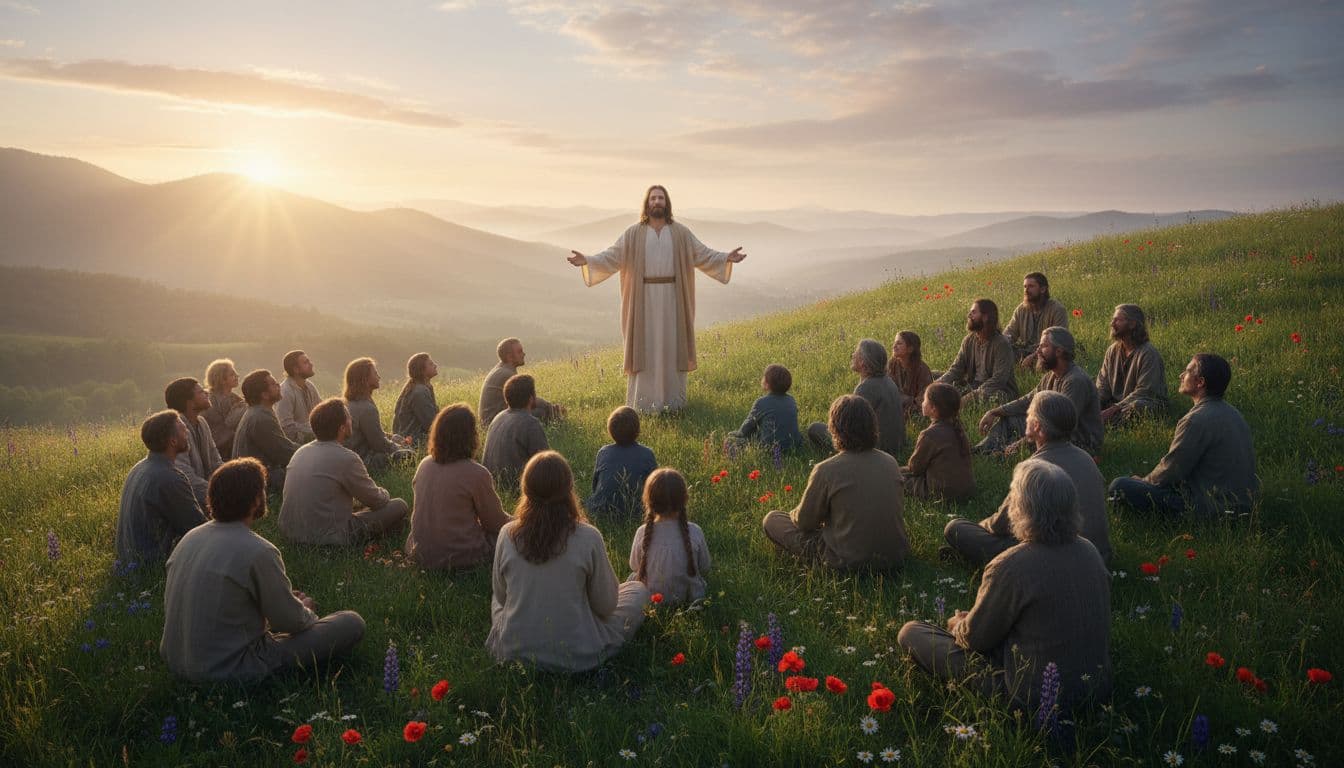 A serene dawn scene of Jesus teaching a diverse crowd on a hillside, symbolizing humility and openness to God.