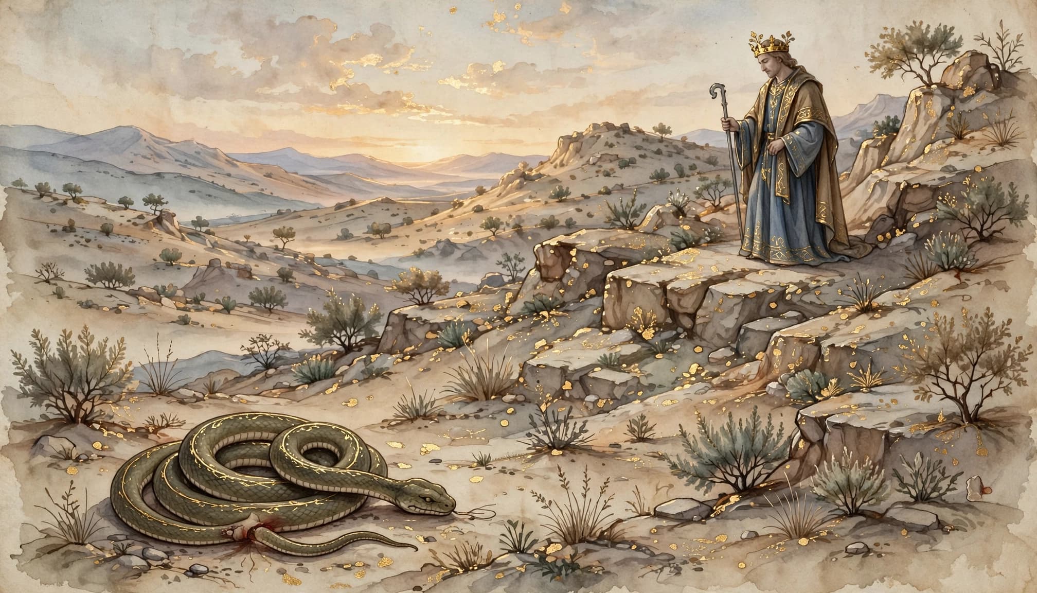 A watercolor illustration of a crowned king on a rocky hill and a coiled snake below.