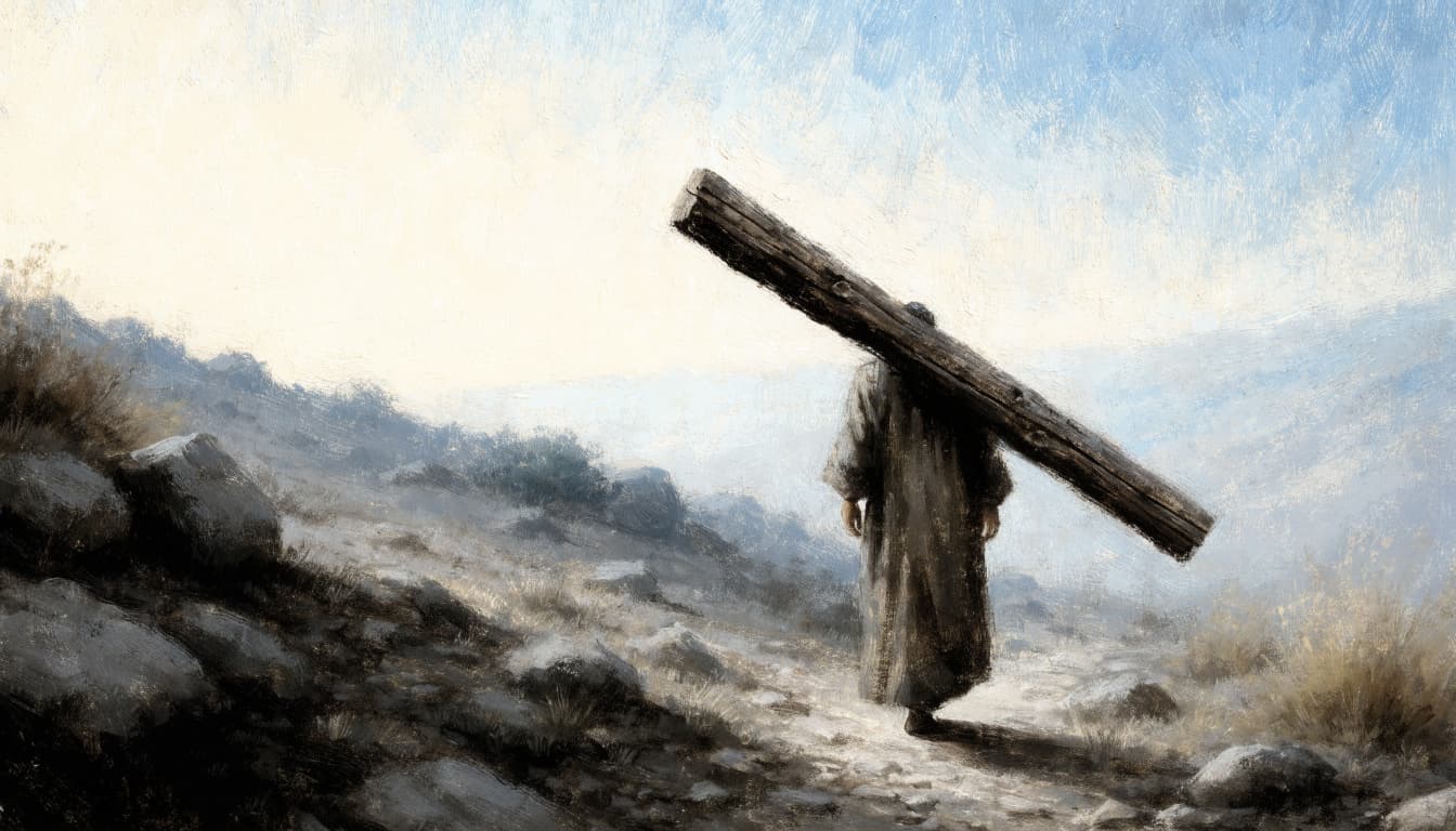 A person in a long robe carries a heavy wooden beam across their shoulder on a rocky path at dawn.