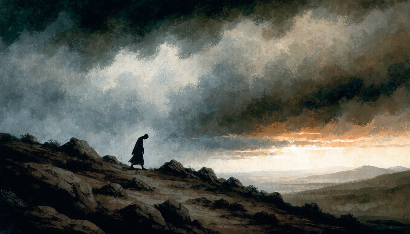 A robed figure in silhouette walks across a rocky landscape under a stormy sky as dawn breaks.