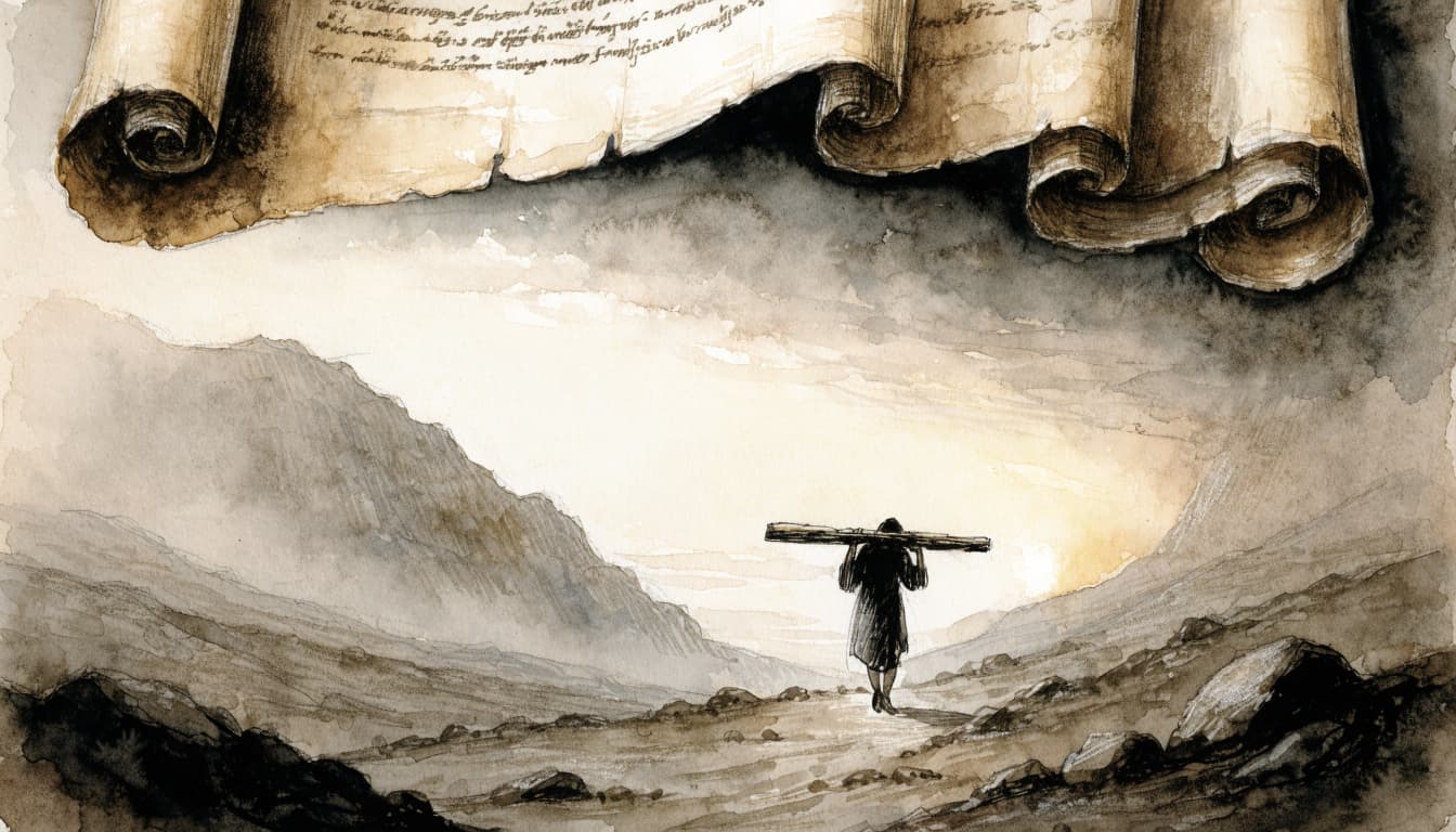 A watercolor illustration of an ancient scroll above a figure carrying a wooden beam through a rocky landscape.