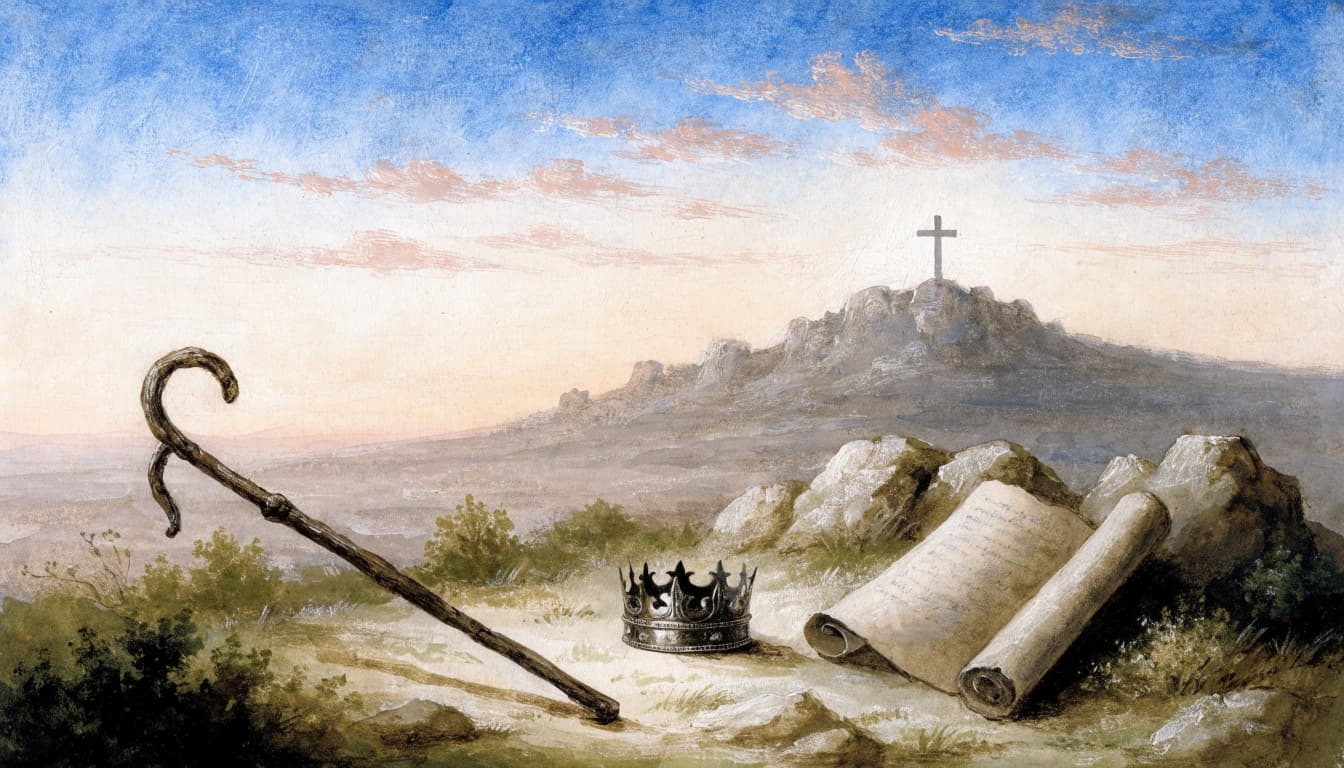 A shepherd's staff, a crown, and an open scroll resting on a hill with a cross in the distance.