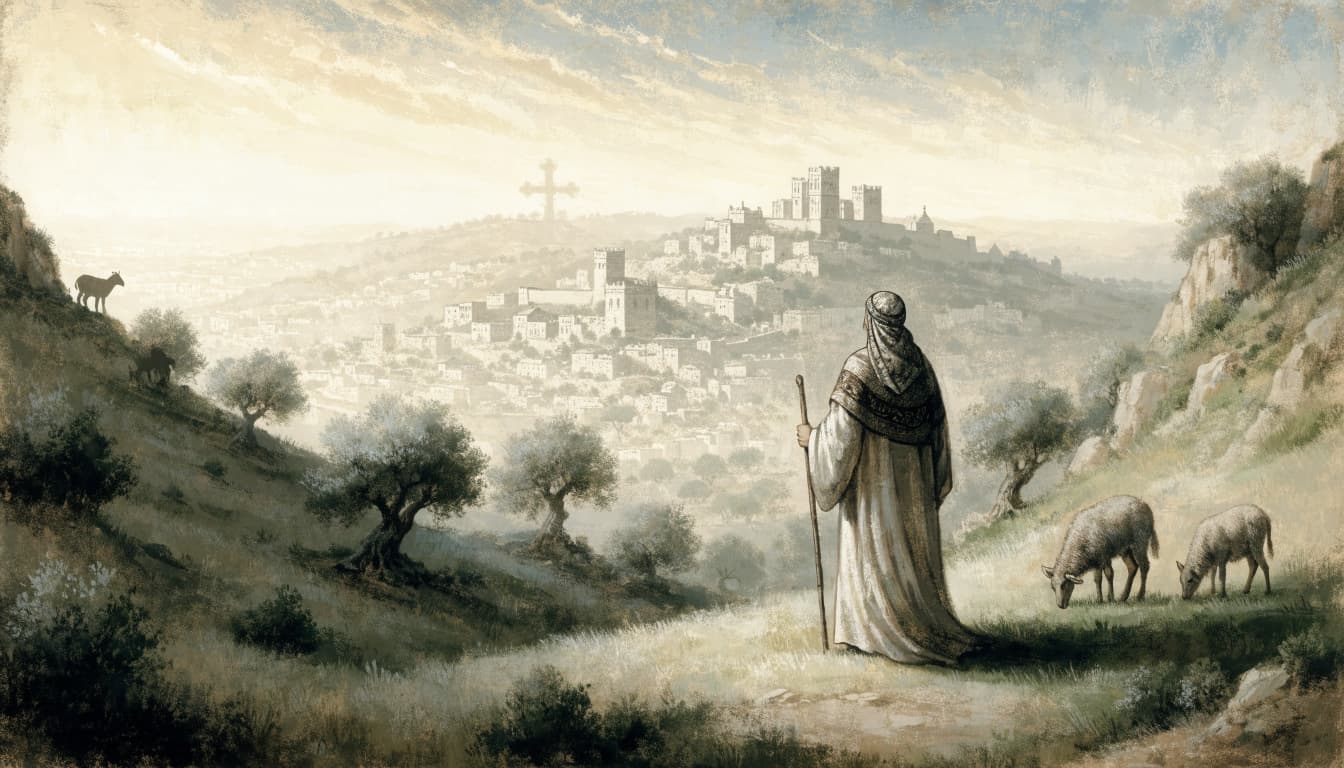 A robed figure with a staff looks out over a hillside towards an ancient city at dawn.