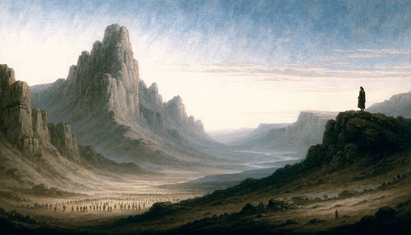 A painterly landscape of a large mountain and a lone figure standing on a ridge overlooking a valley.