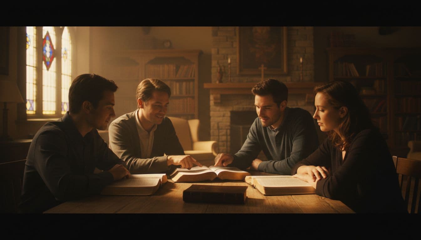 Believers in a small group of four sitting around a wooden table with open Bibles, one person pointing to a verse while others listen attentively in a cozy church setting with soft warm lighting from a window, cinematic style.