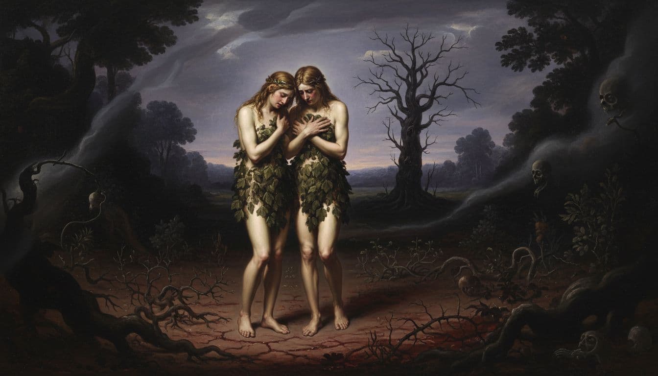 Adam and Eve in the Garden after the fall, with a somber atmosphere and hints of judgment in the background. Image created with AI.