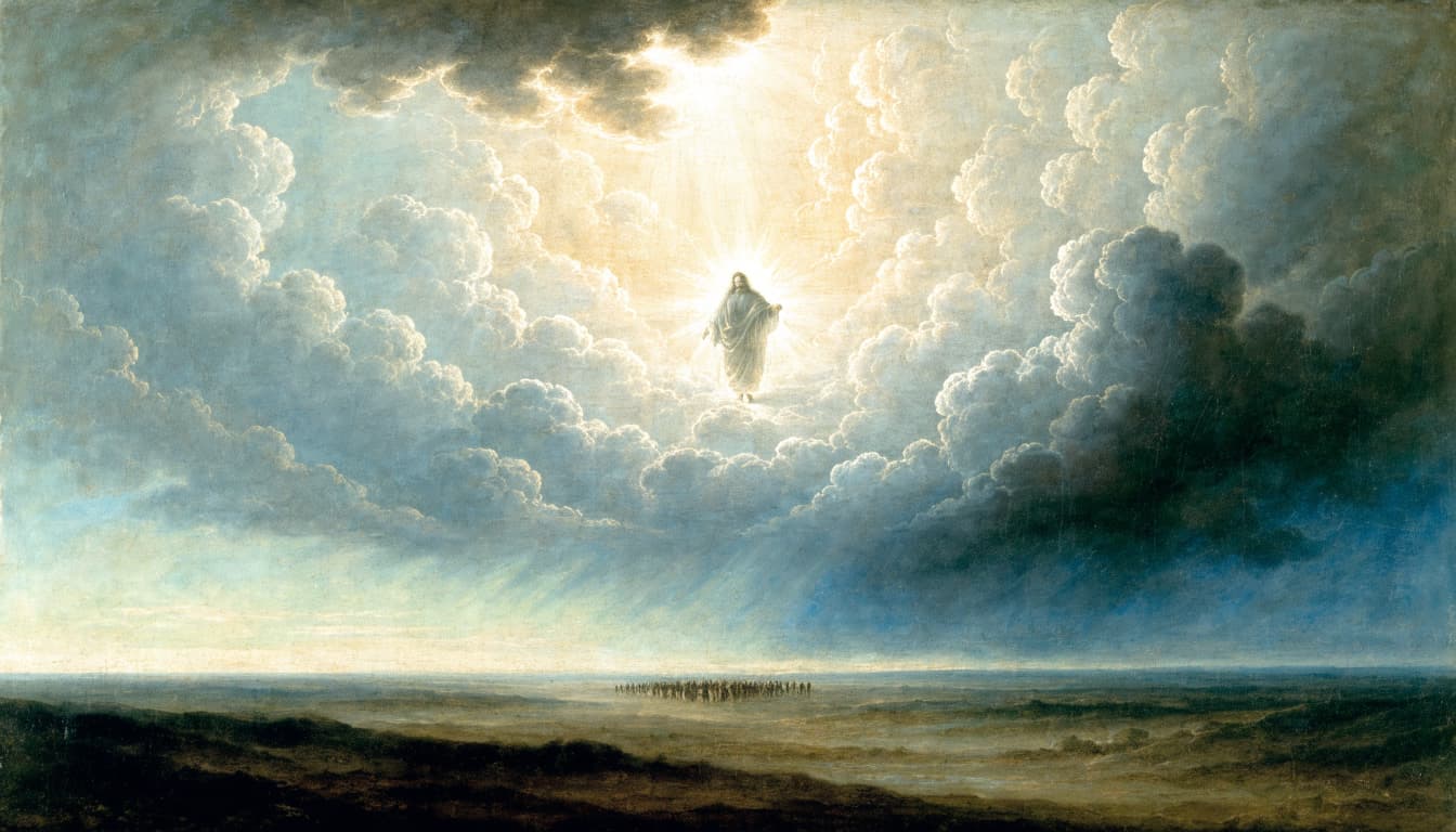A biblical illustration of Jesus glowing amidst immense dramatic clouds above a distant crowd.
