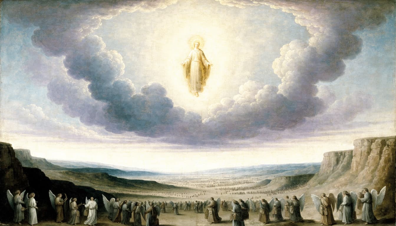 A classical painting of a glowing figure floating in the clouds above a landscape with many small figures.