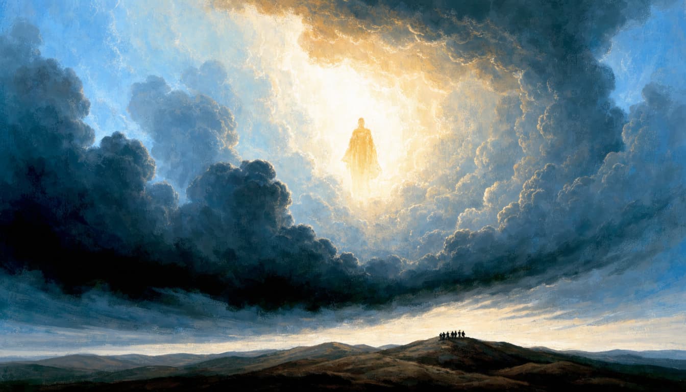 A luminous figure appears in the clouds above silhouetted people on a hill.