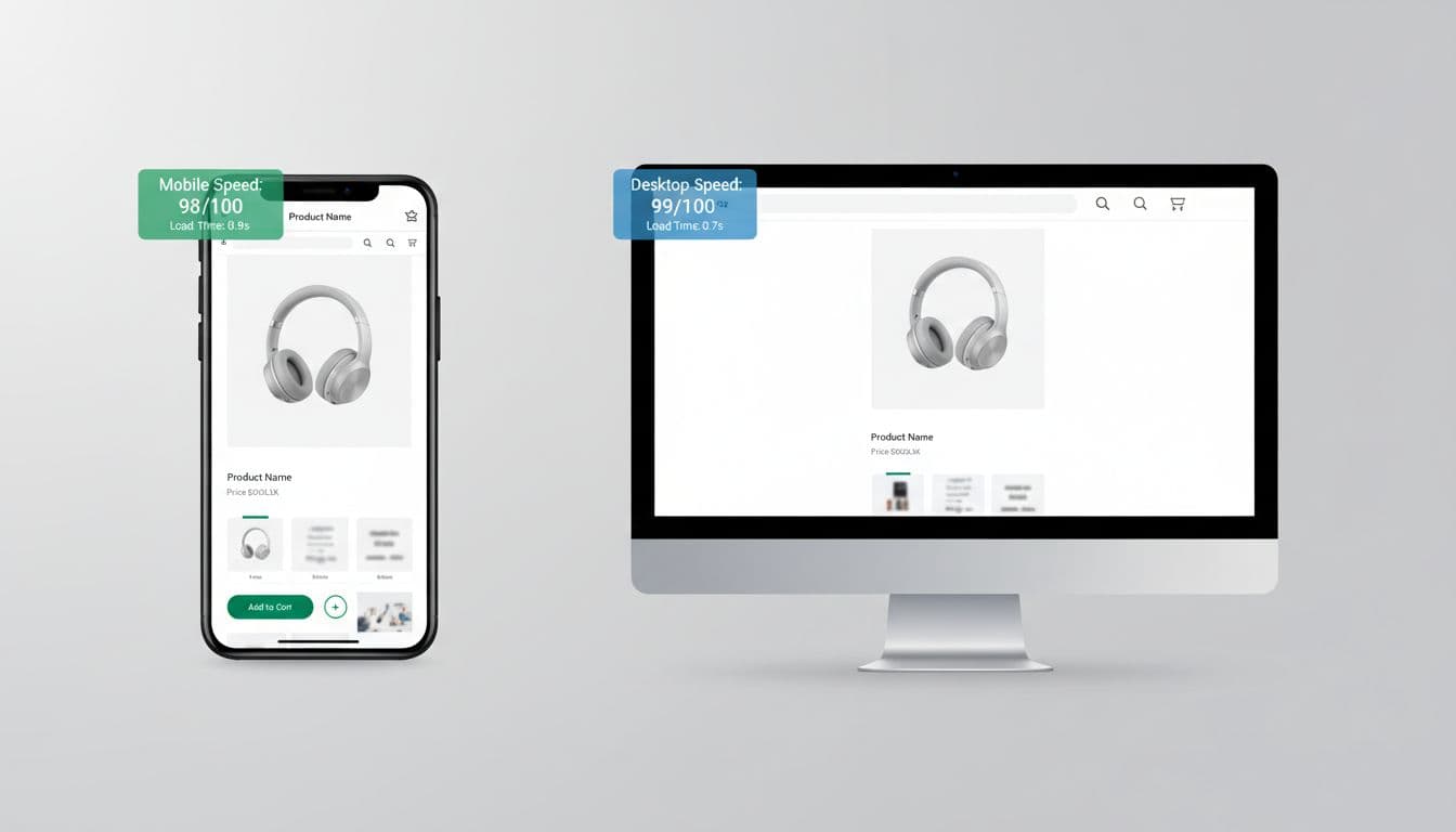 Split screen showing mobile and desktop versions of a fast-loading e-commerce webpage with speed metrics overlay, photorealistic on neutral background.