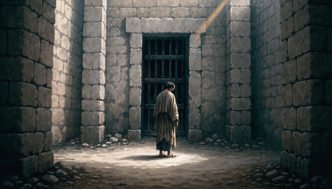A person in a simple robe stands alone in a stone courtyard before a closed prison door.