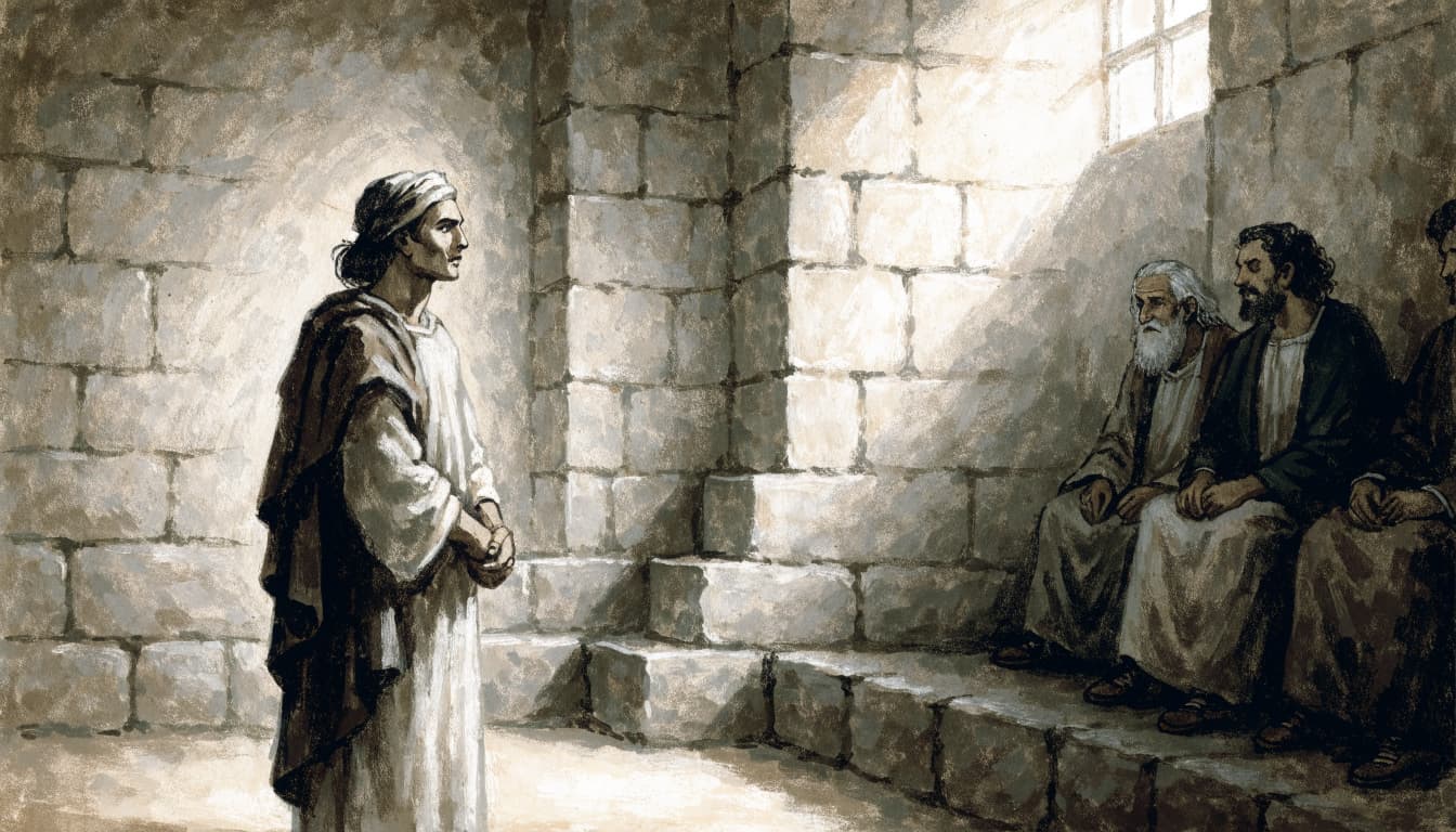 An illustration of a man standing and speaking before seated officials in a stone room.
