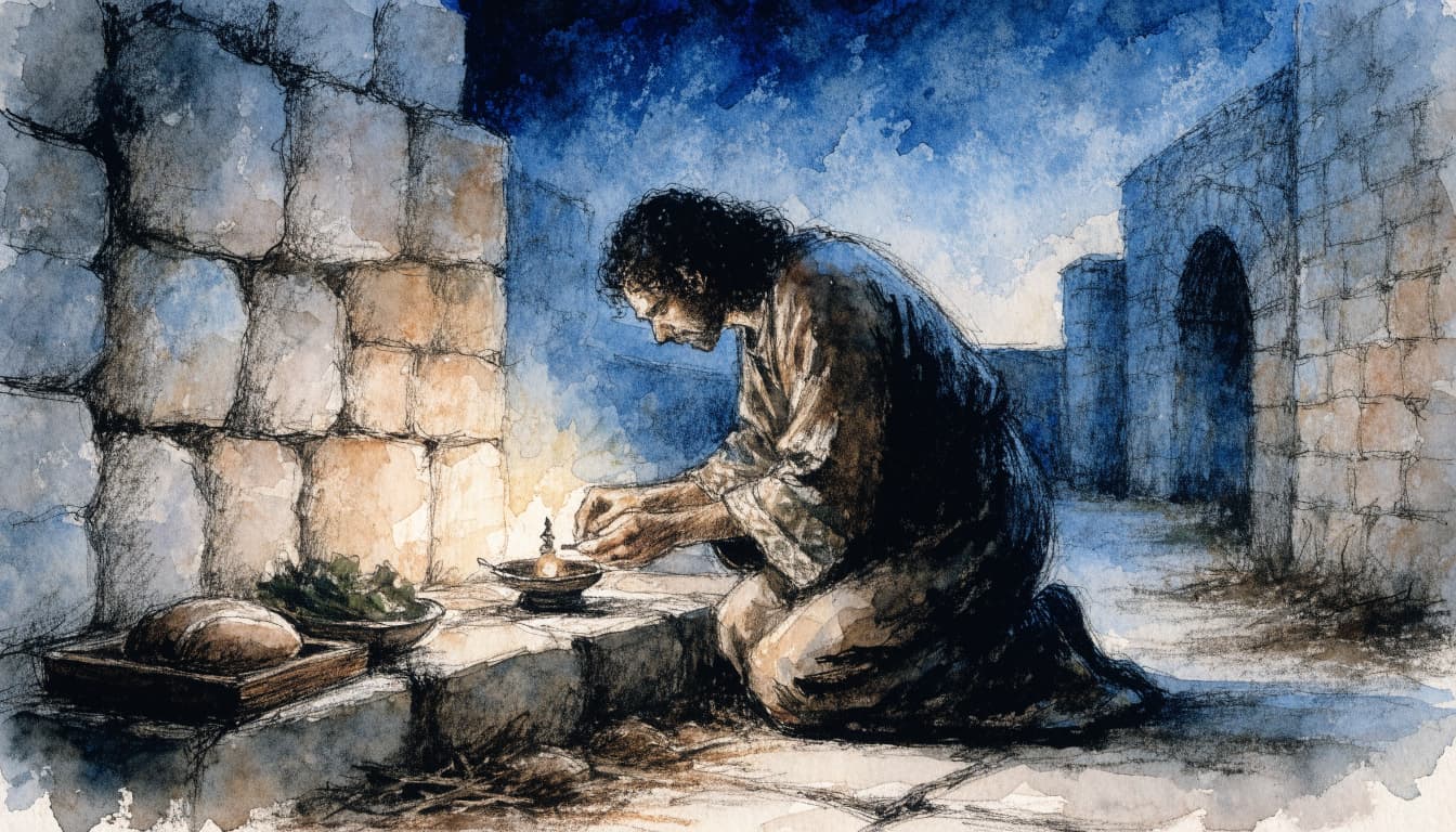 A watercolor illustration of a person kneeling in a stone courtyard, tending an oil lamp at dusk.