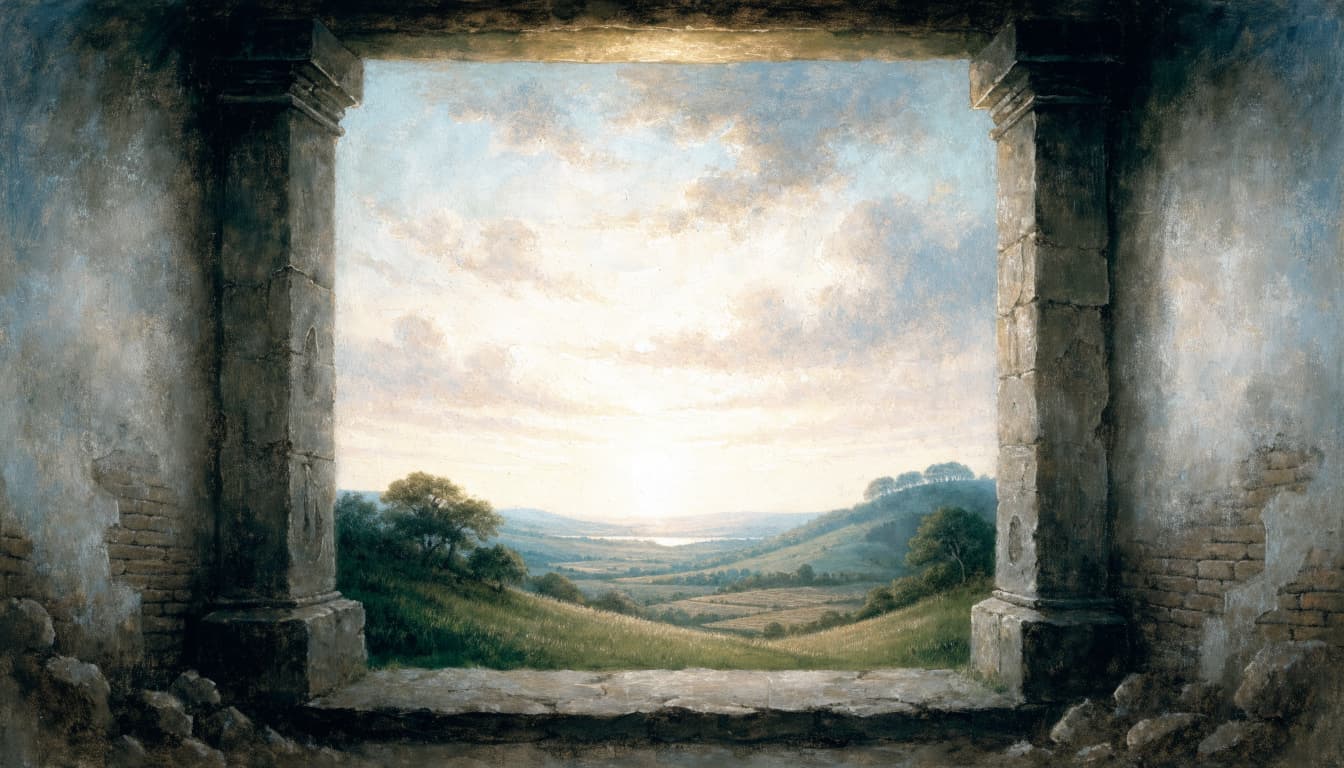 A view through an ancient stone doorway of a peaceful landscape with hills and fields at sunrise.