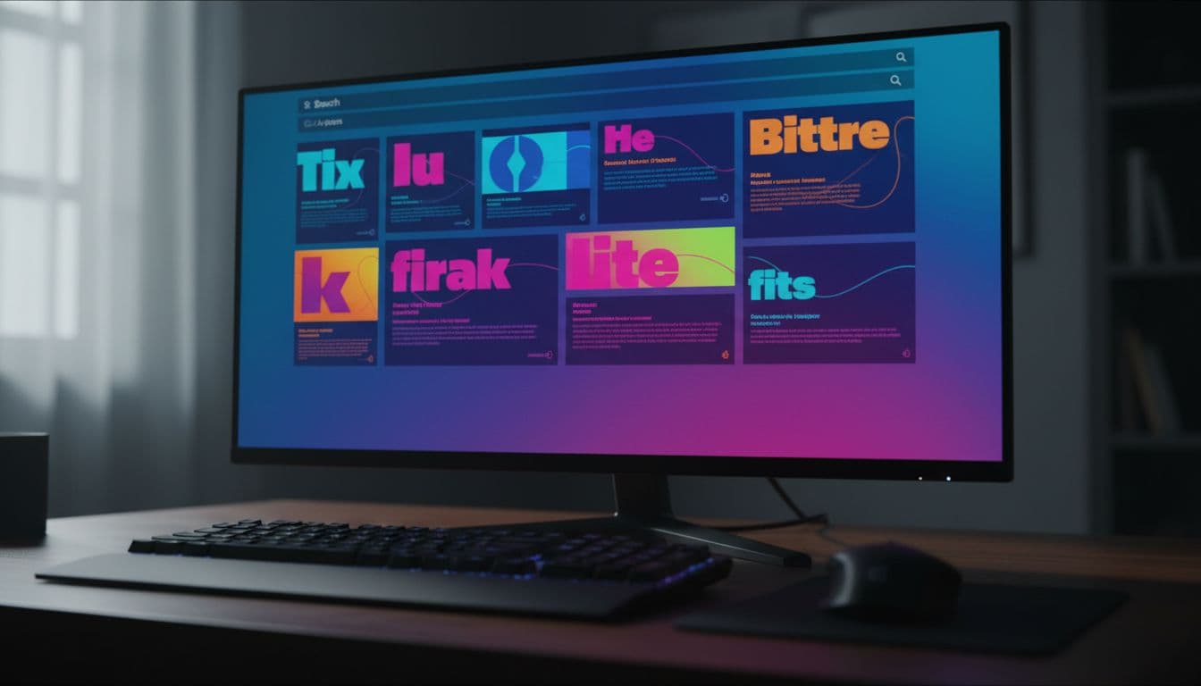 Close-up of a computer screen showing stylized search engine results page with colorful snippets and titles, desk with mouse and keyboard in foreground slightly out of focus, cinematic style with strong contrast and dramatic lighting.