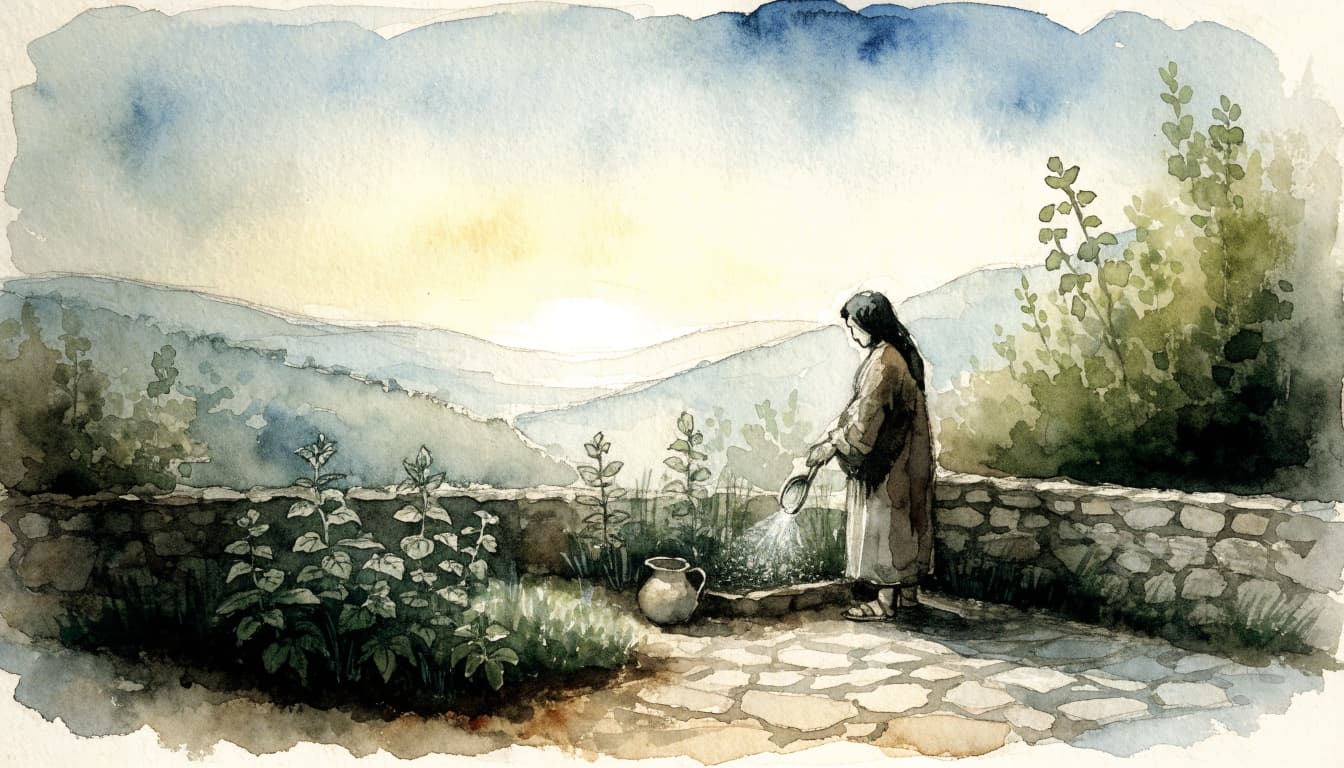 A watercolor illustration of a person watering a garden near a stone wall at sunrise.