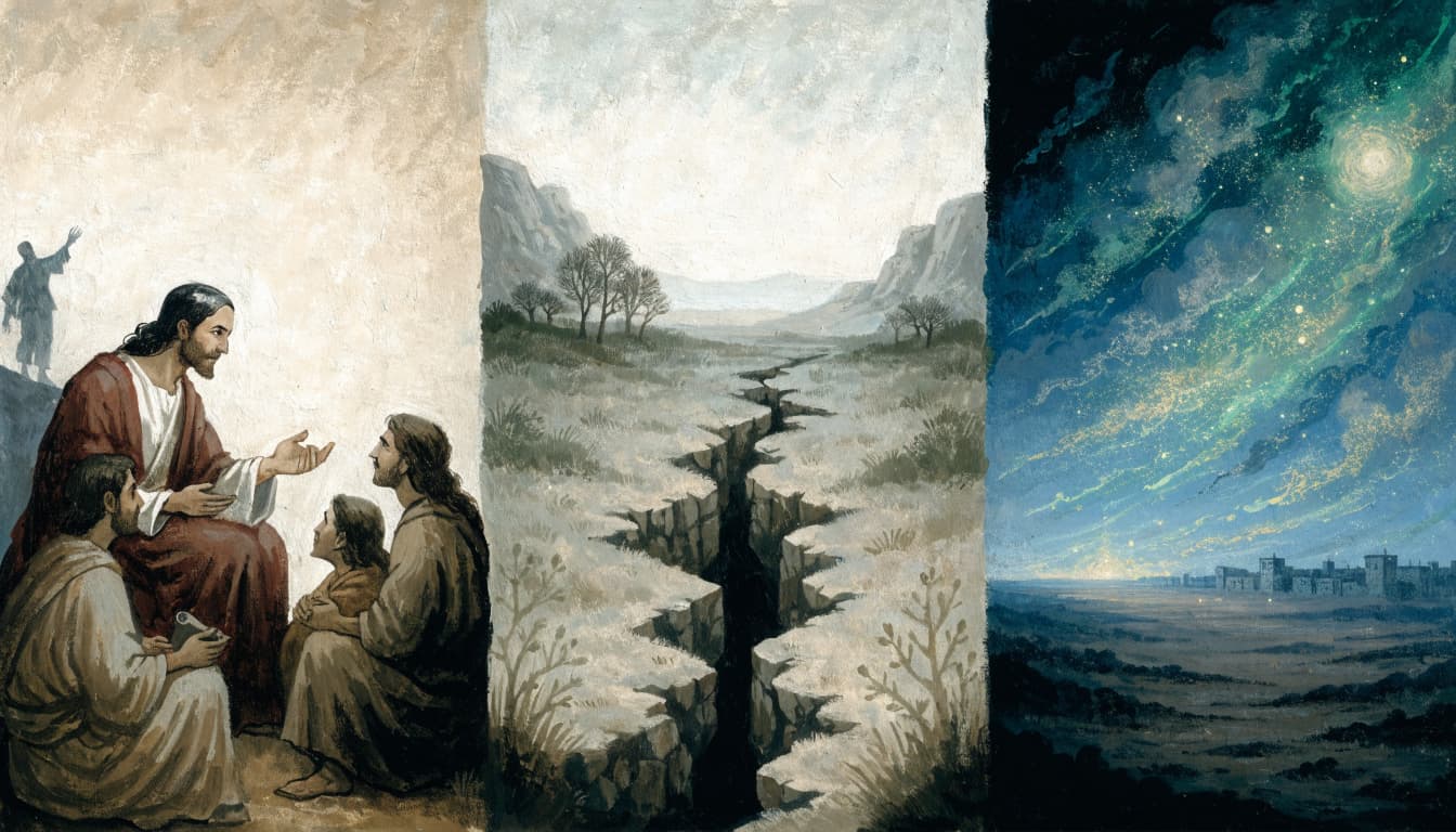 A triptych painting showing Jesus and disciples, a cracked landscape, and a glowing night sky over a city.