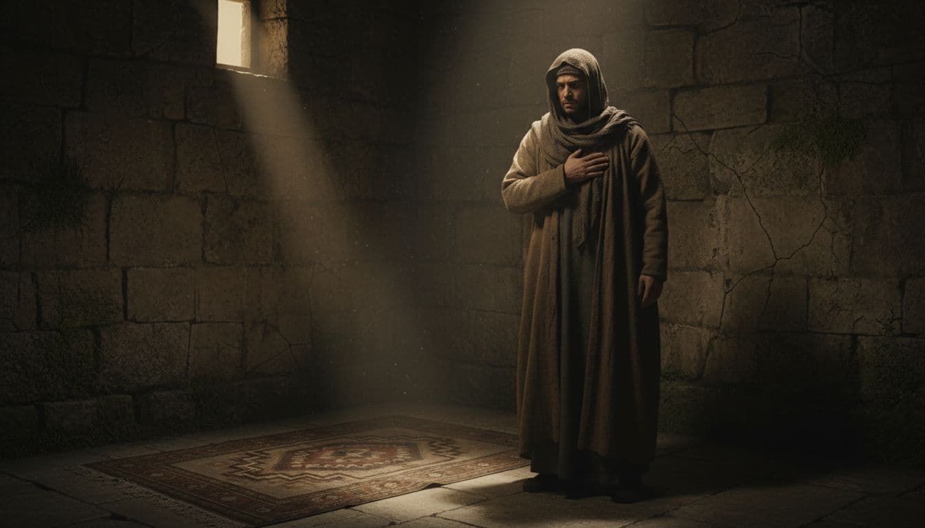 A lone figure in traditional Middle Eastern clothing stands in shadows inside an ancient stone room, hand over heart concealing faith, with faint light illuminating a prayer rug in the corner.