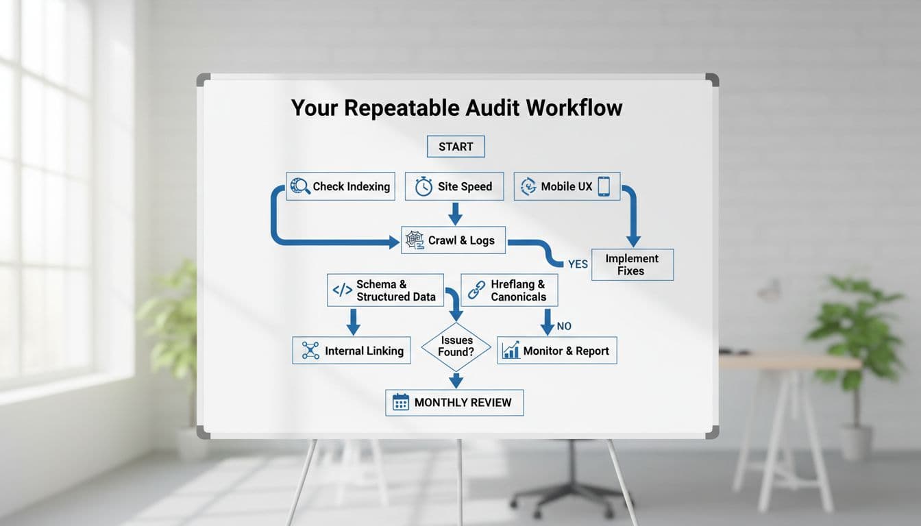 Minimalistic step-by-step flowchart illustrating a technical SEO audit workflow on a single whiteboard in a bright workspace, with arrows connecting icon-based boxes for steps like indexing checks, speed fixes, and mobile testing.