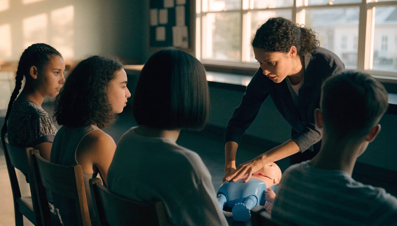 An instructor demonstrates infant CPR on a manikin to teenagers in a classroom.