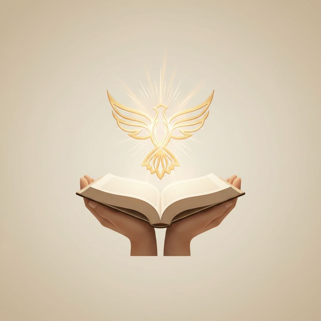 Two hands gently cradle an open book, while a vibrant glowing light symbol hovers between the pages. This minimalist illustration uses soft, warm lighting against a clean, uncluttered neutral background.