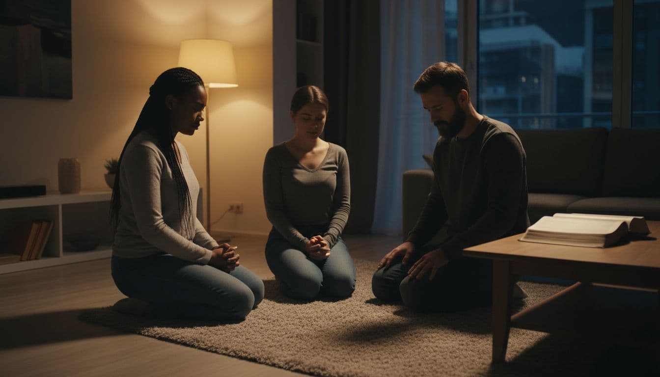 Three believers kneel closely in a modern living room for prayer, with hands folded or on knees, an open Bible blurred nearby, under warm lamp light with dramatic shadows and cinematic contrast.