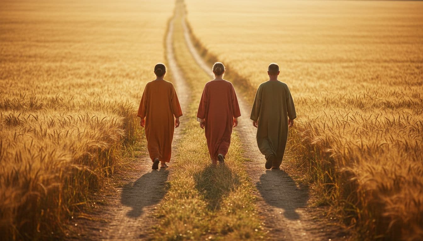 Three believers walk side by side on a sunlit dirt path through ripe wheat fields at dawn, viewed from behind with relaxed postures, golden light casting long shadows in a dramatic cinematic style.