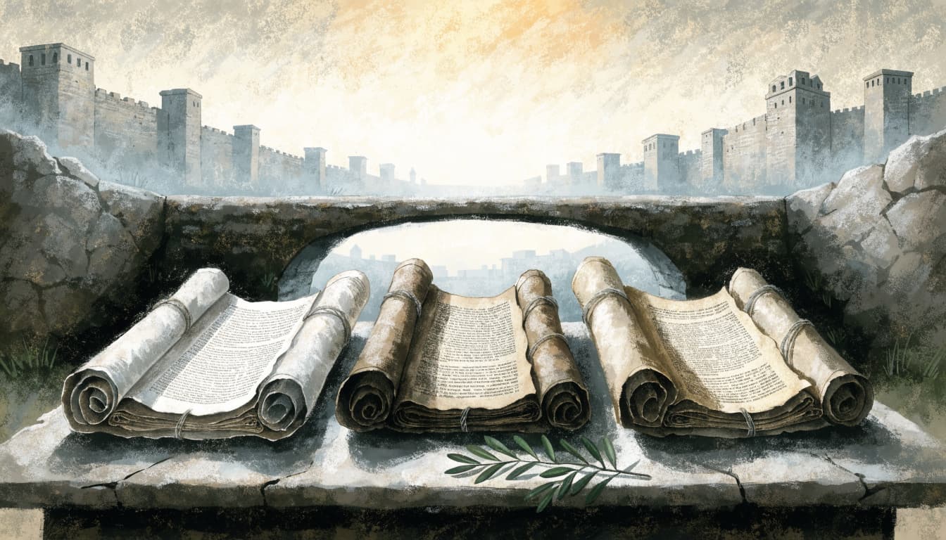 Three ancient manuscripts and an olive branch on a stone table before a city wall.