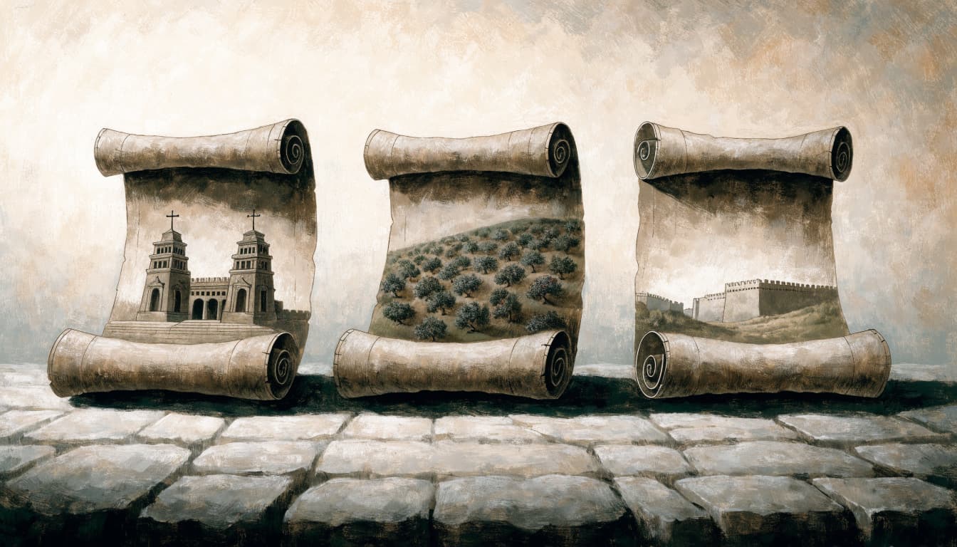 Three ancient parchment scrolls depicting a temple, olive trees, and stone walls on a stone surface.