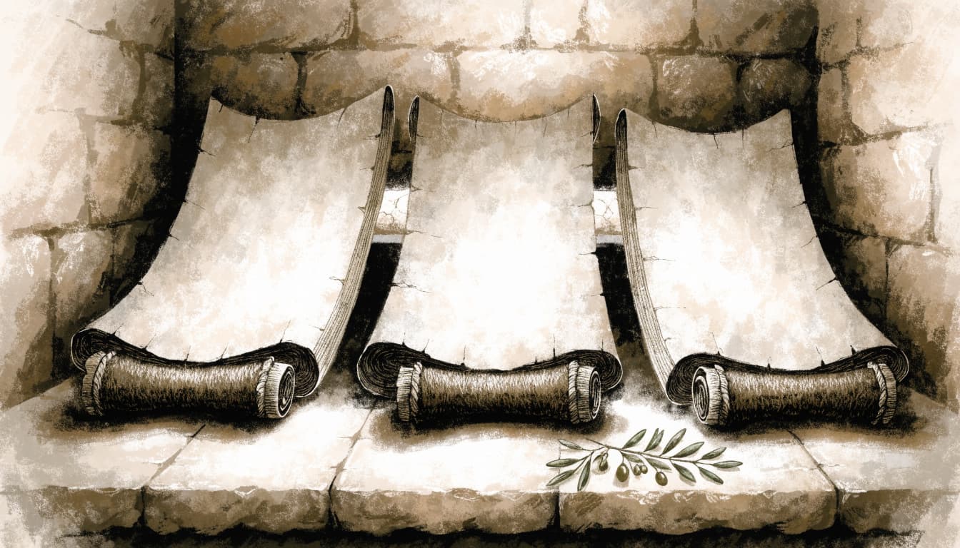 Three ancient open scrolls lie side by side on a stone table with a small olive branch.