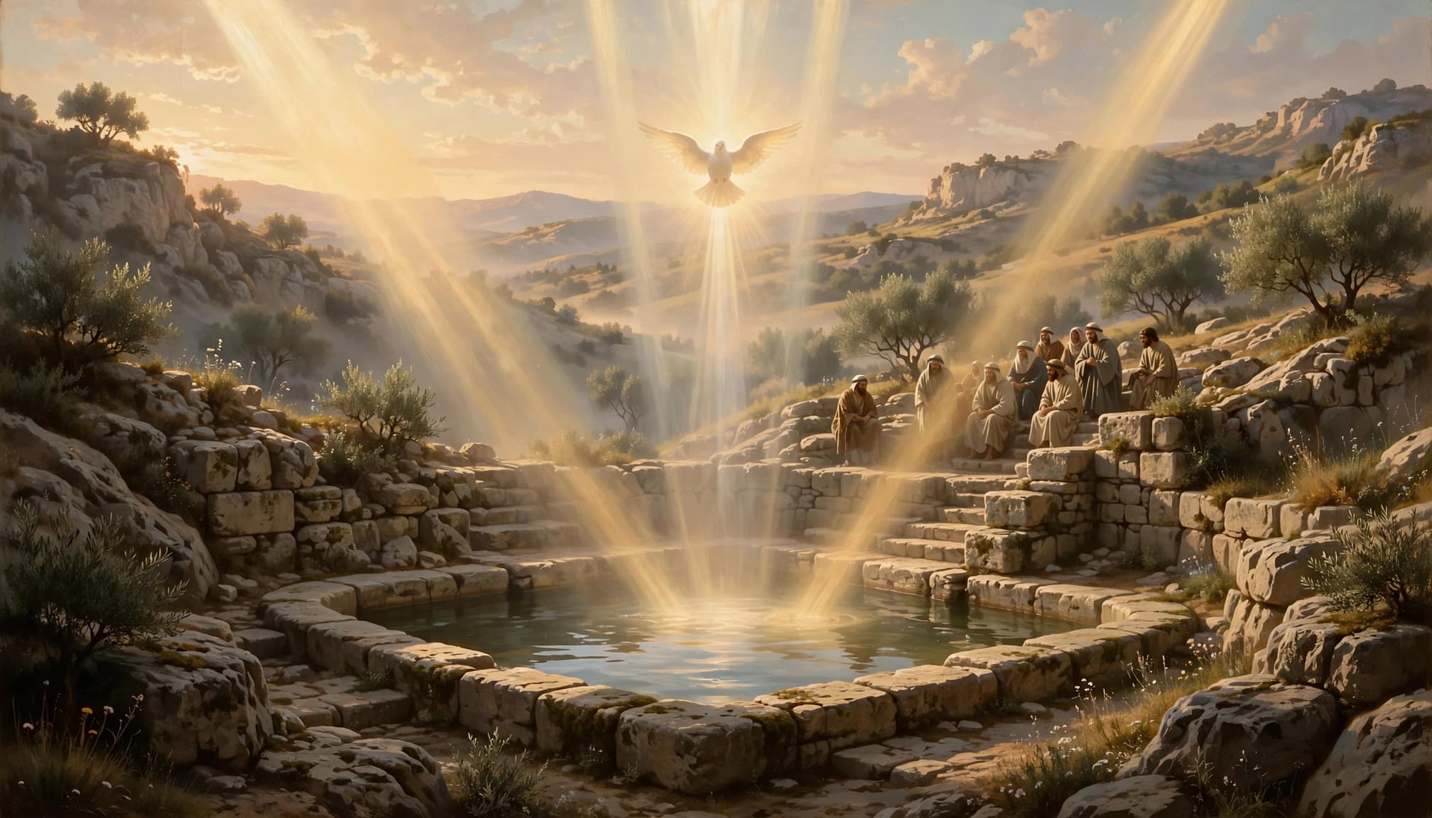 Three lights converge over a stone baptismal pool as robed figures gather nearby.