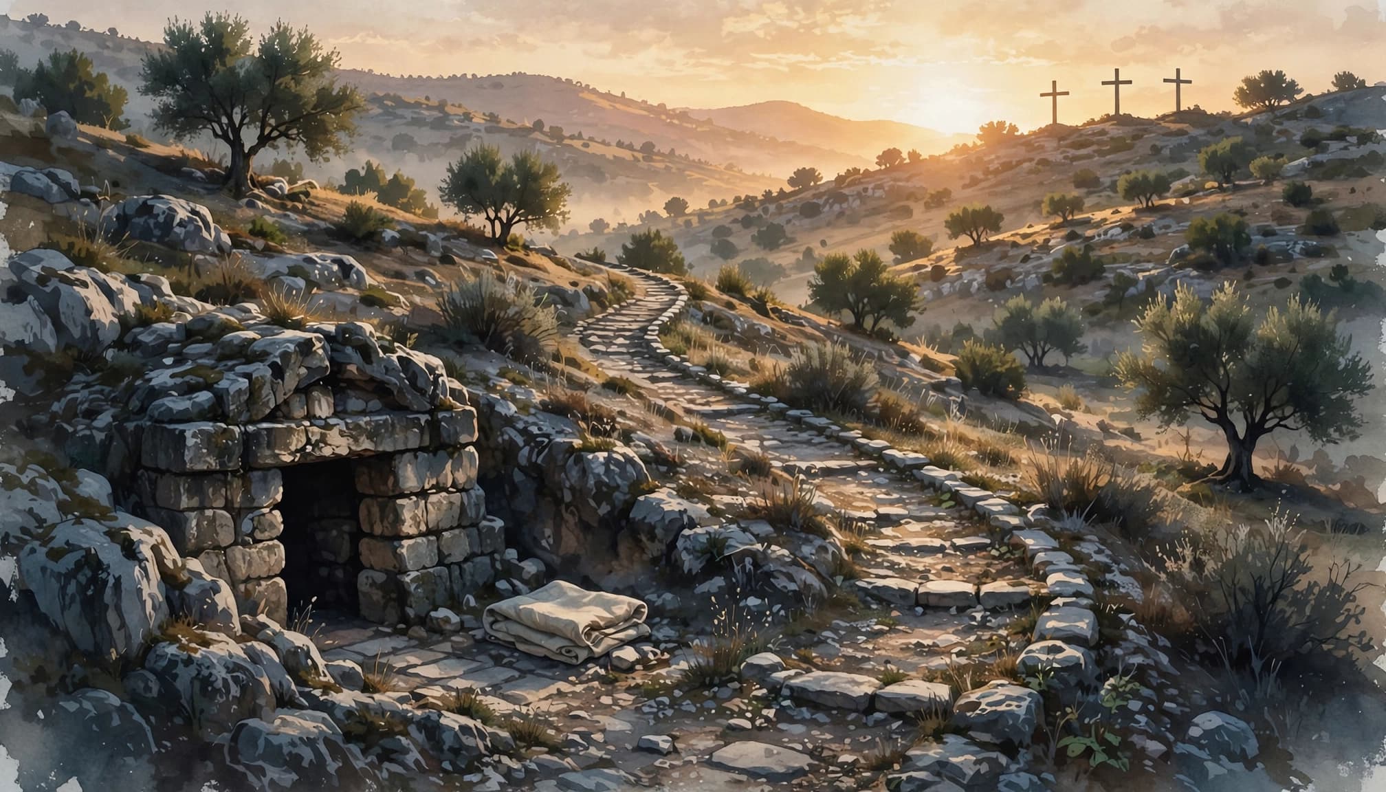 A stone path leads from a rocky tomb to a sunrise-lit hillside with three distant crosses.