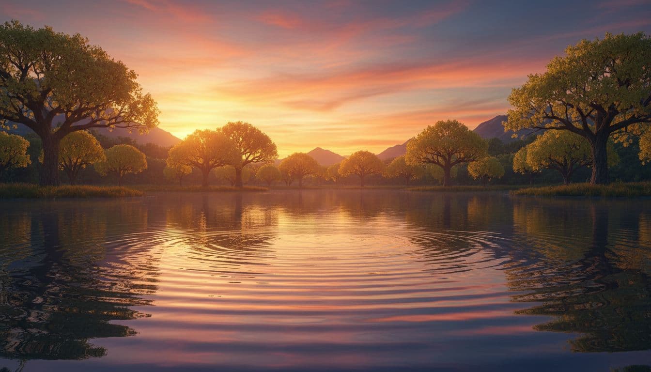 A tranquil lake reflects a calm sunset sky with gentle ripples, surrounded by soft glowing trees, featuring strong contrast between warm orange sky and cool blue water in a cinematic style.