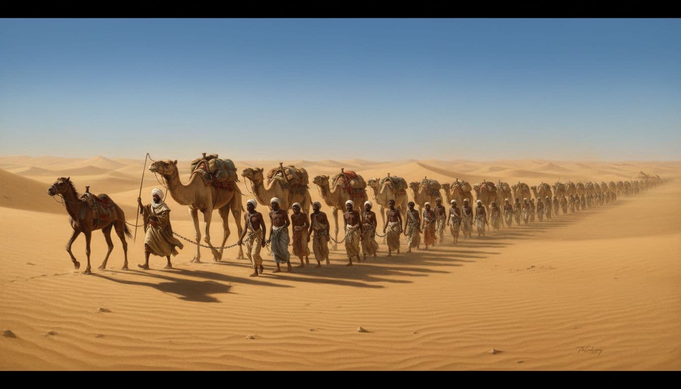 AI generated illustration of a trans-Saharan slave caravan crossing desert dunes behind camels and armed traders